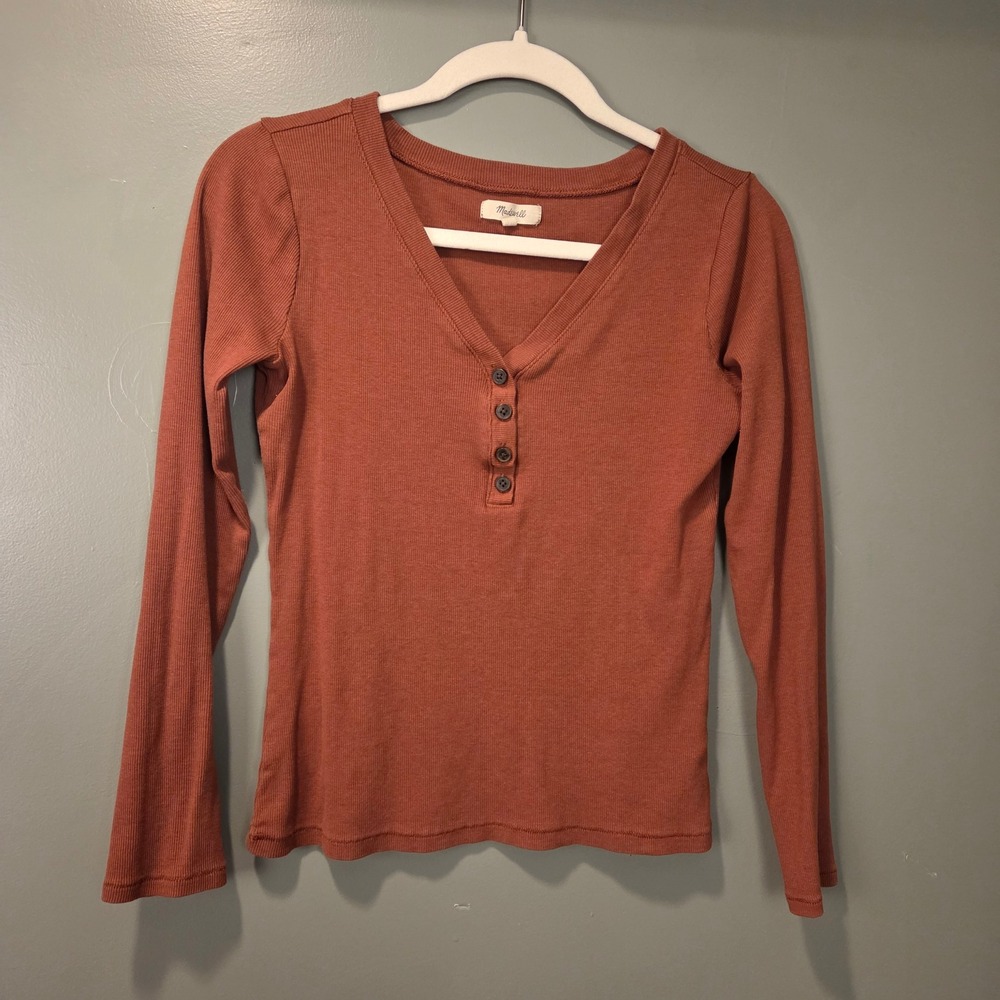 Madewell Long Sleeve Ribbed Henley Shirt Women's S Cotton Modal Blend Rust